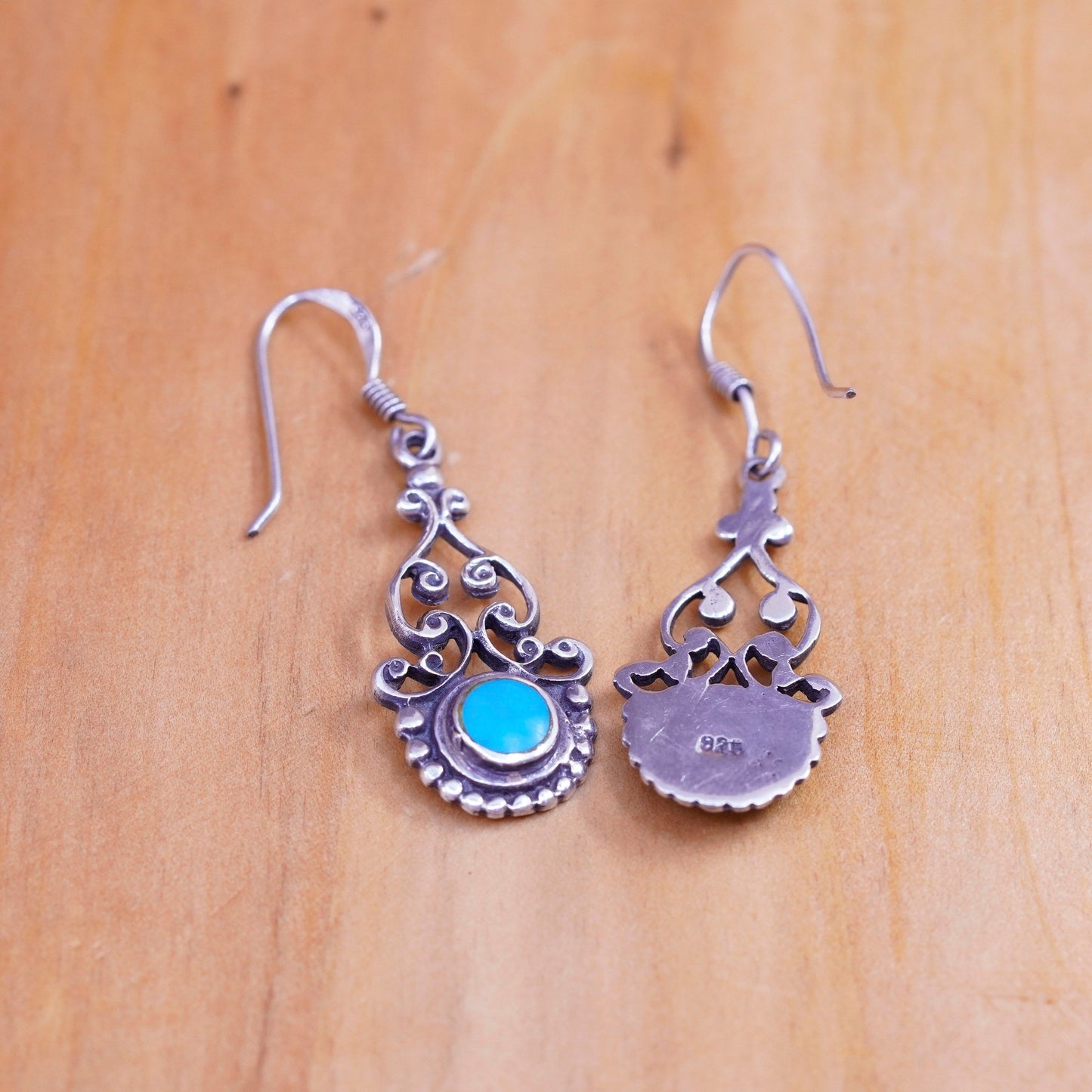 Vintage Sterling 925 silver handmade filigree teardrop earrings with turquoise