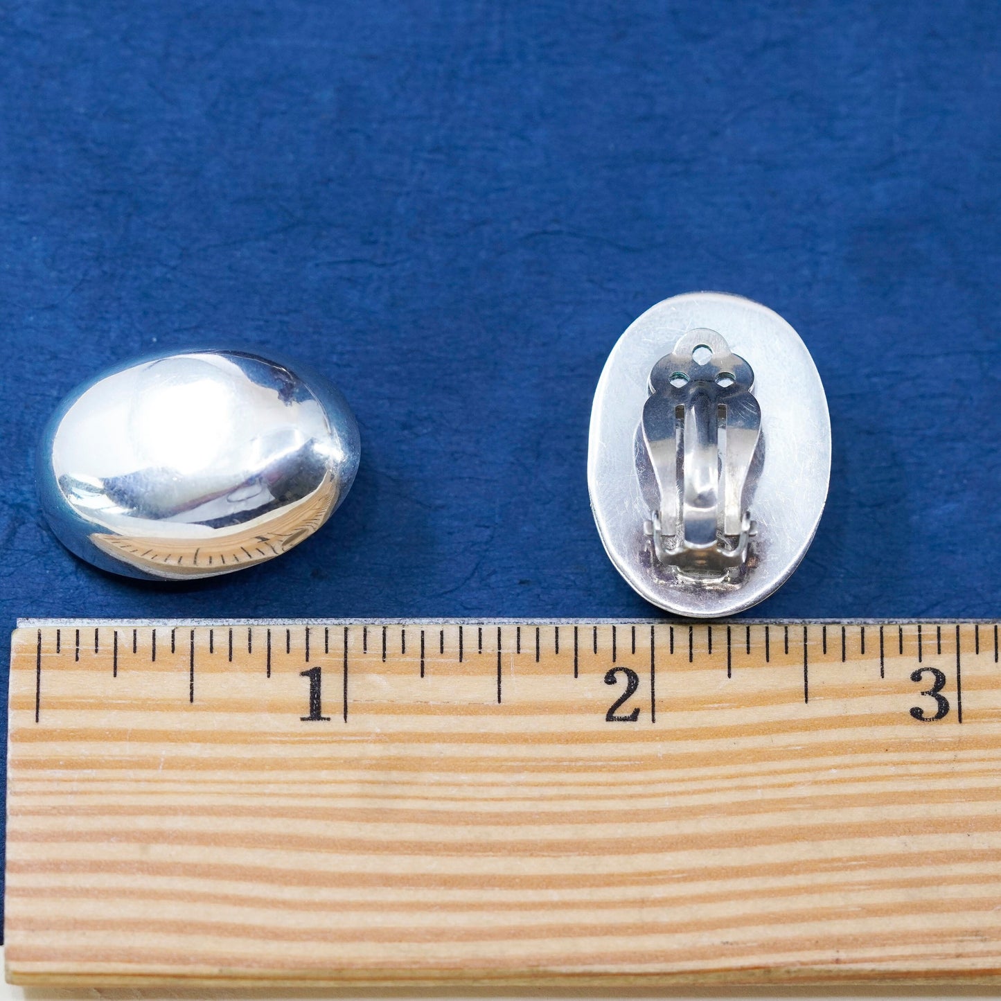 Vintage Sterling silver handmade earrings, 925 oval button clip on earrings