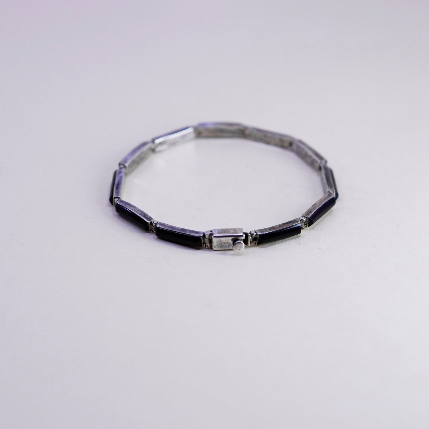 6.75”, Vintage mexico escocia Sterling 950 silver handmade bar bracelet onyx