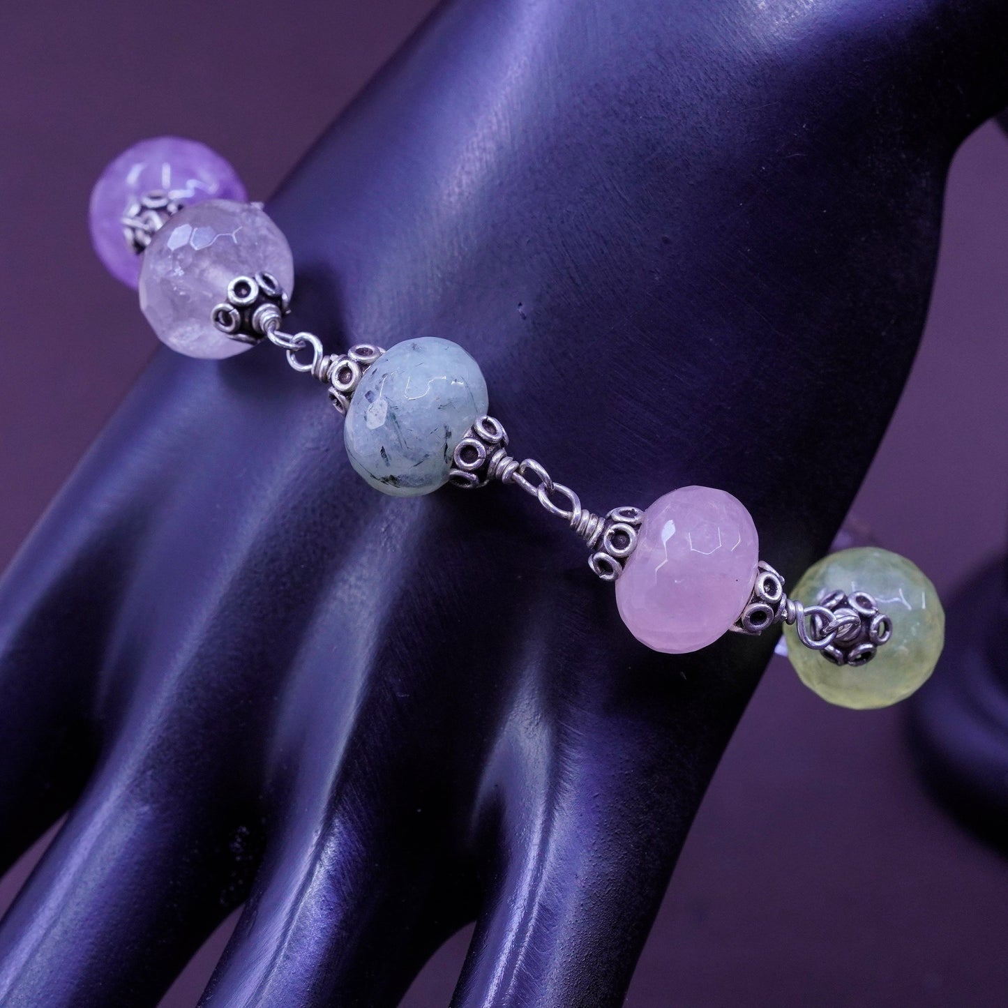 7”, sterling 925 silver carved bracelet prehnite amethyst quartz citrine