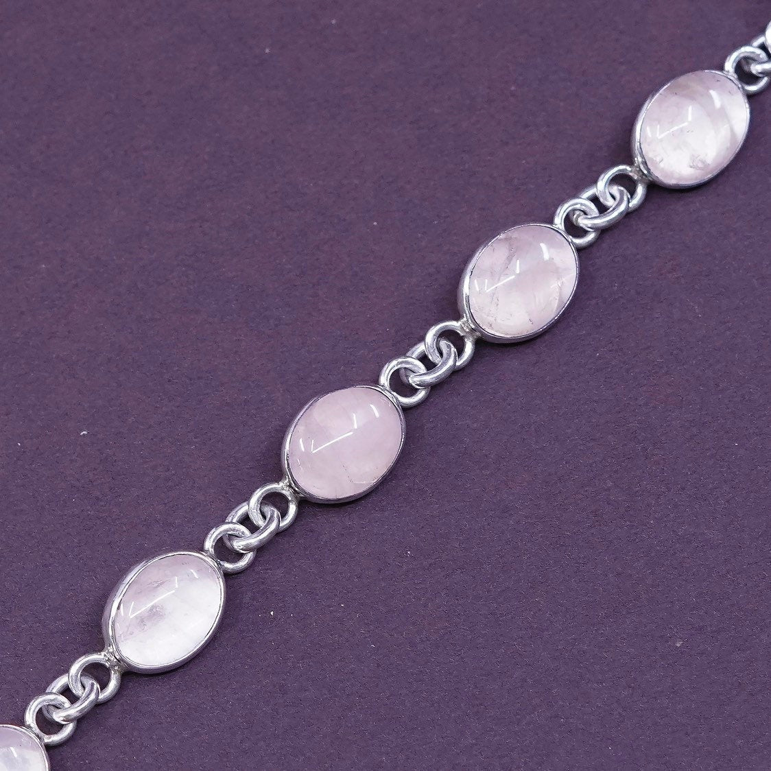 5.5”, vtg Sterling silver handmade bracelet, Mexico 950 w/ pink quartz n toggle