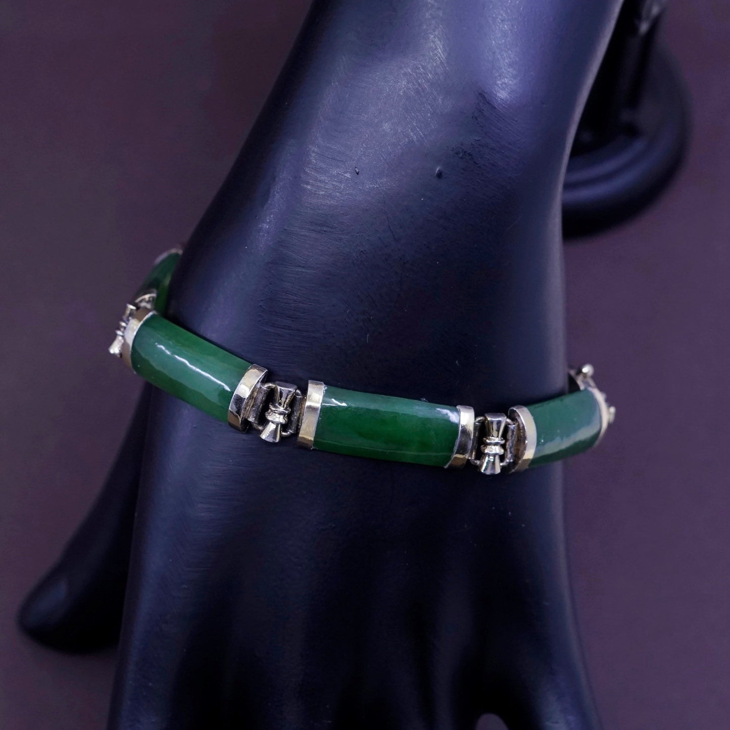 7.25”, vtg vermeil gold over Sterling 925 silver tennis bracelet w/ green jade