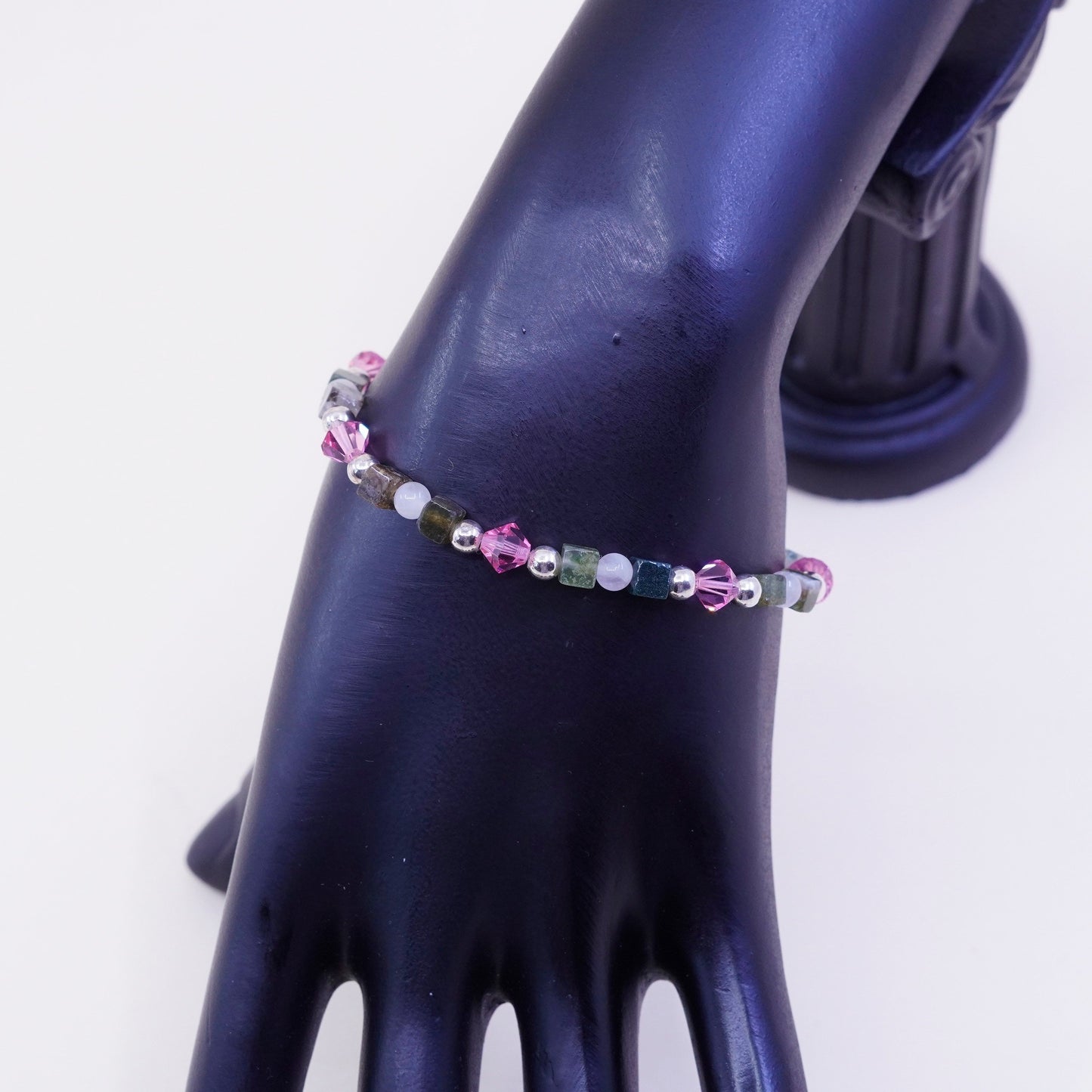 6.75”, Vintage handmade bracelet with sterling 925 silver jade quartz beads