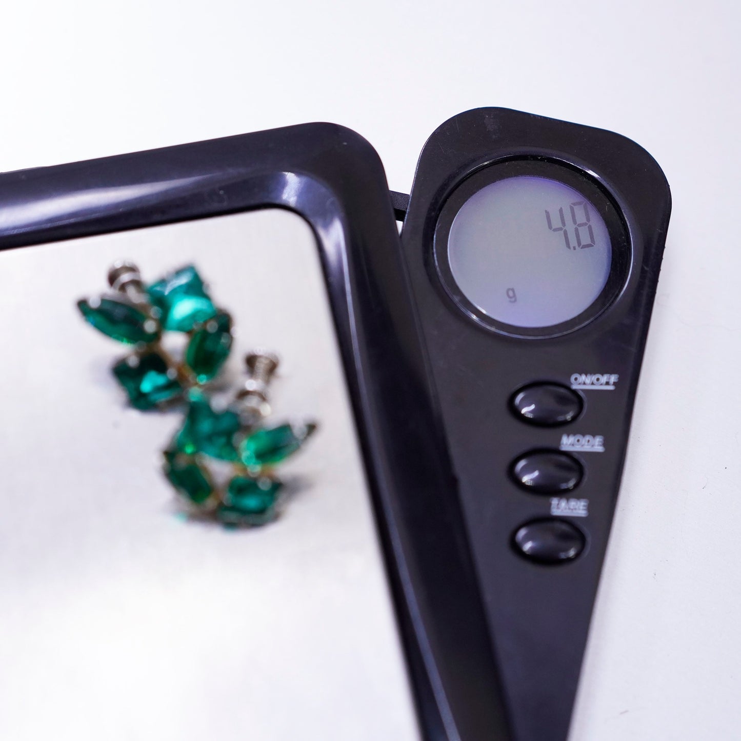 Sterling 925 silver earrings, screw back flower with cluster green rhinestone