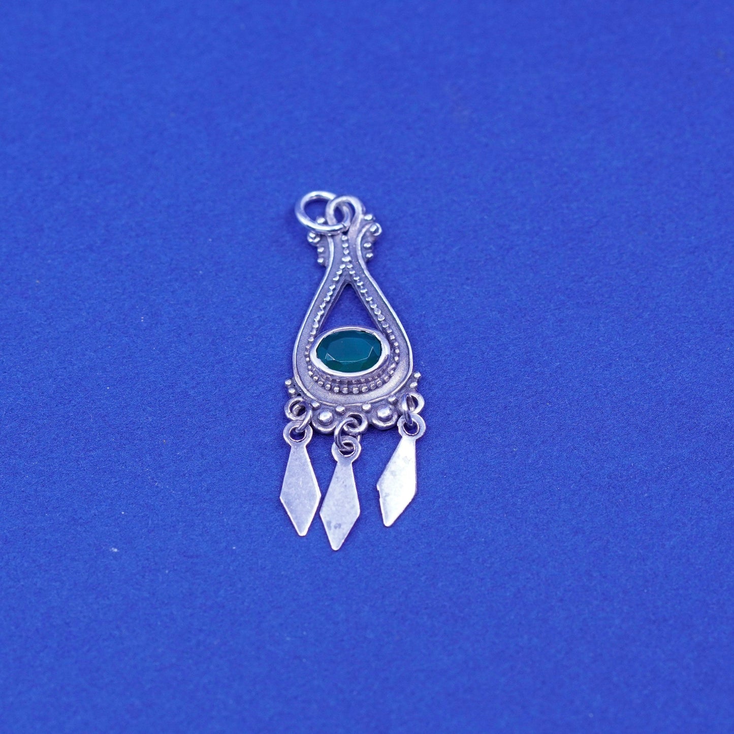 Vintage Sterling 925 silver handmade pendant with emerald and fringe