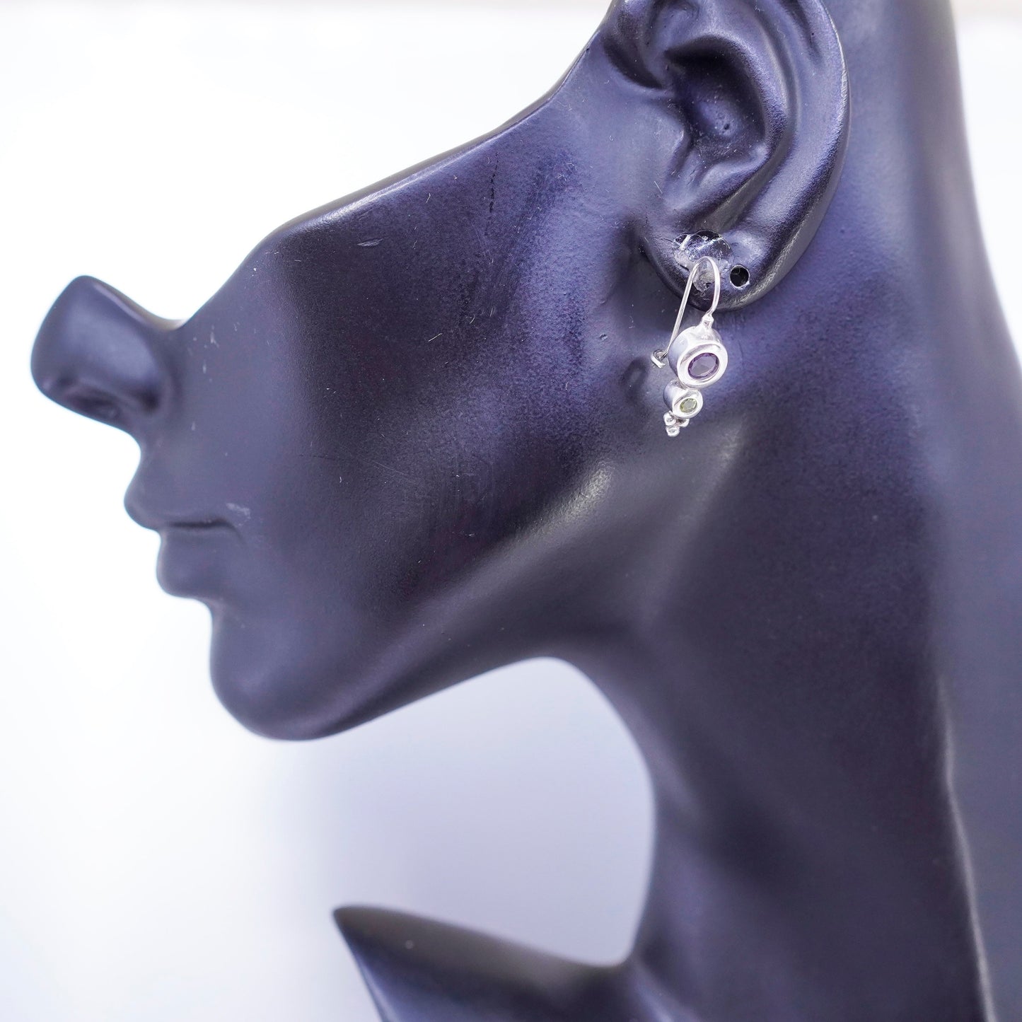 Vintage Sterling 925 silver earrings with round amethyst and peridot