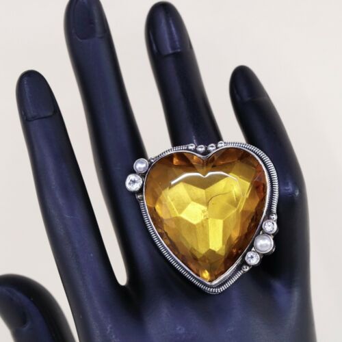 Sz 8, Vtg Massive Cocktail Mars And Valentine Huge Sterling Yellow Crystal Ring