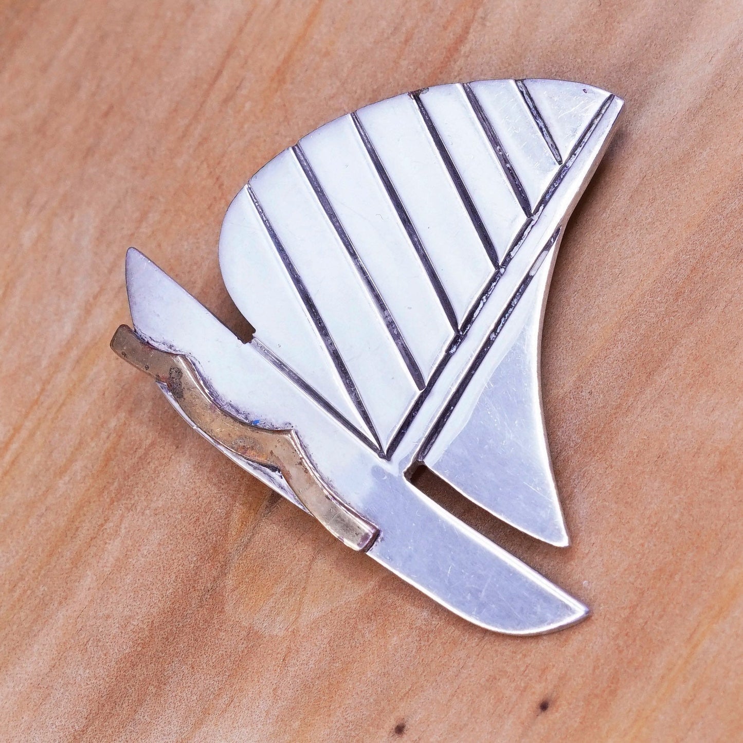 Vintage two tone sterling silver handmade pin, 925 soufeel sailing boat brooch
