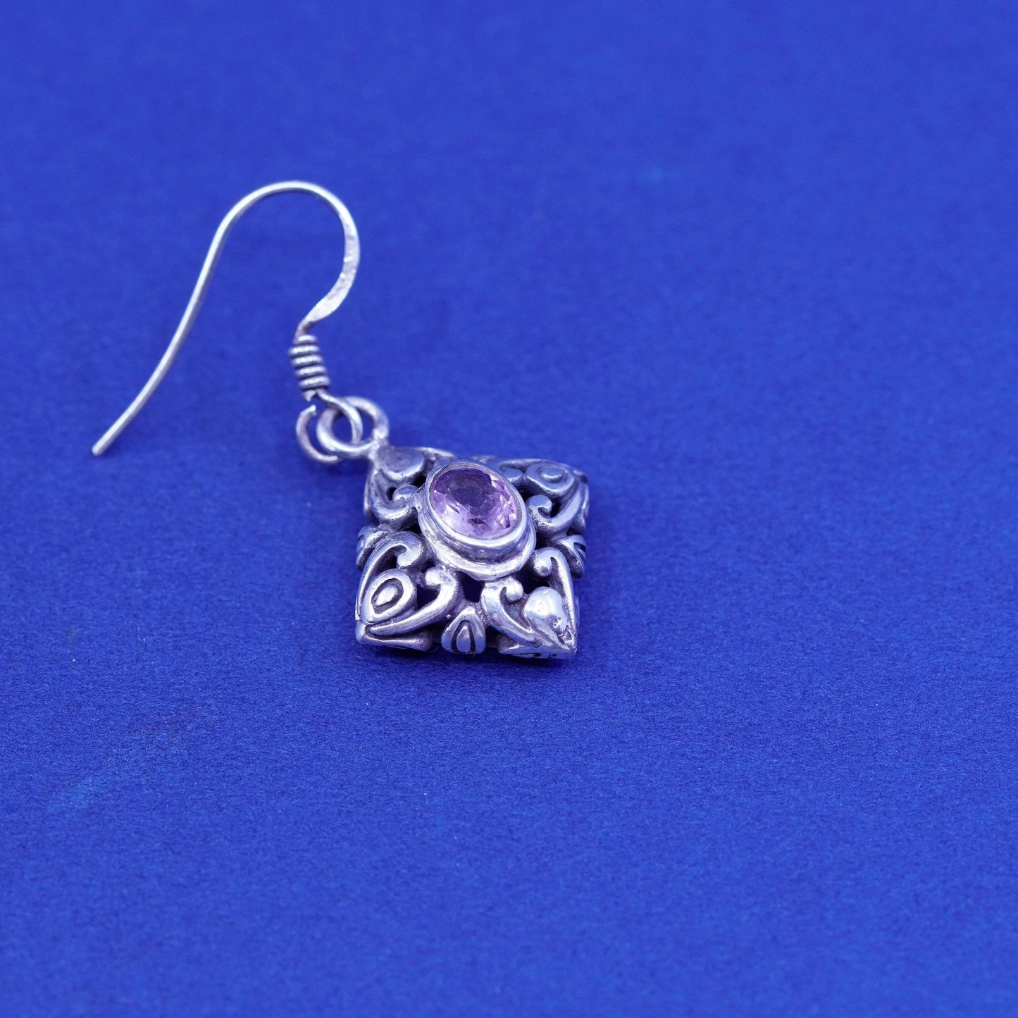 sterling silver handmade earrings, bali 925 filigree diamond drops amethyst