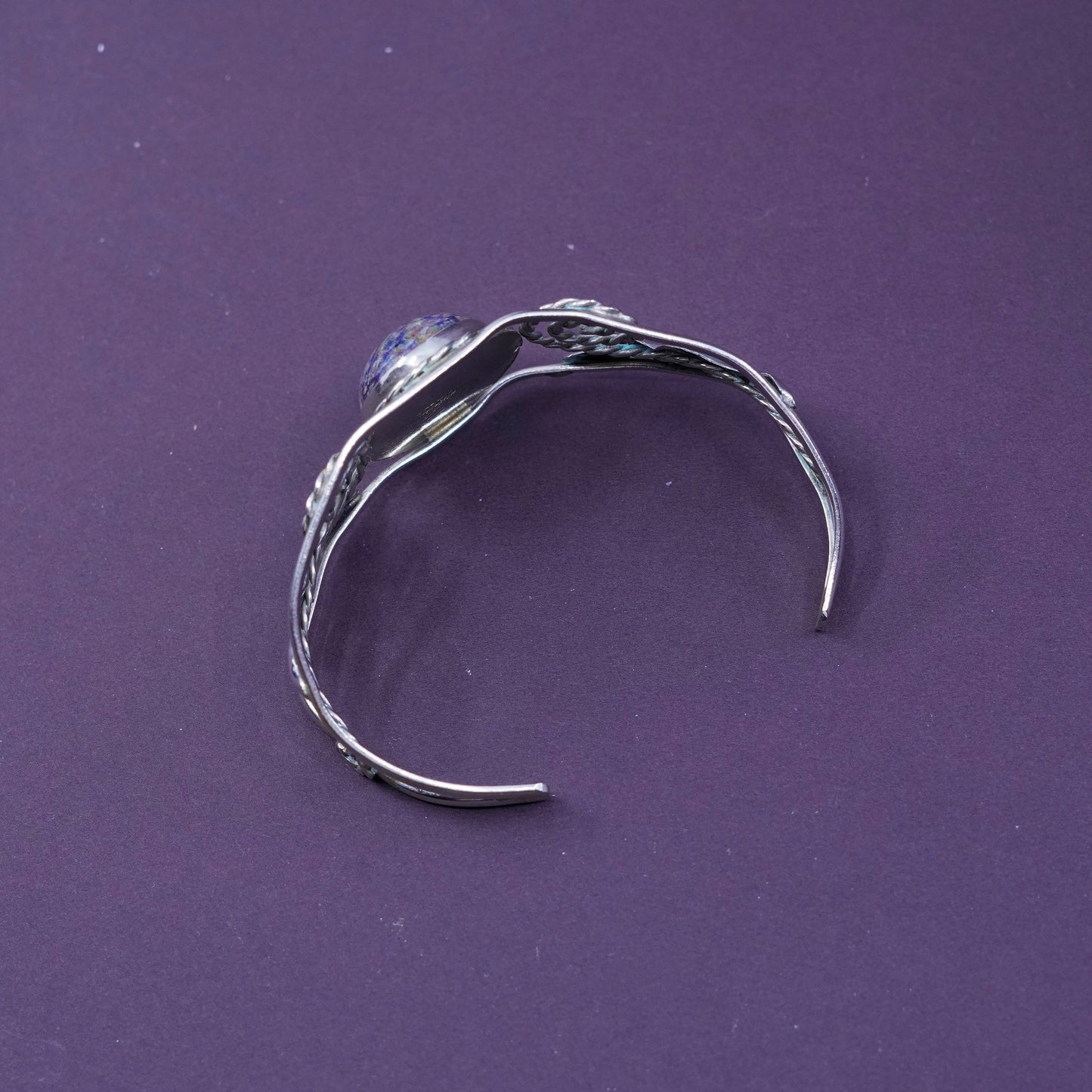 7”, Vintage Sterling silver handmade bracelet, 925 swirl cuff with golden glass