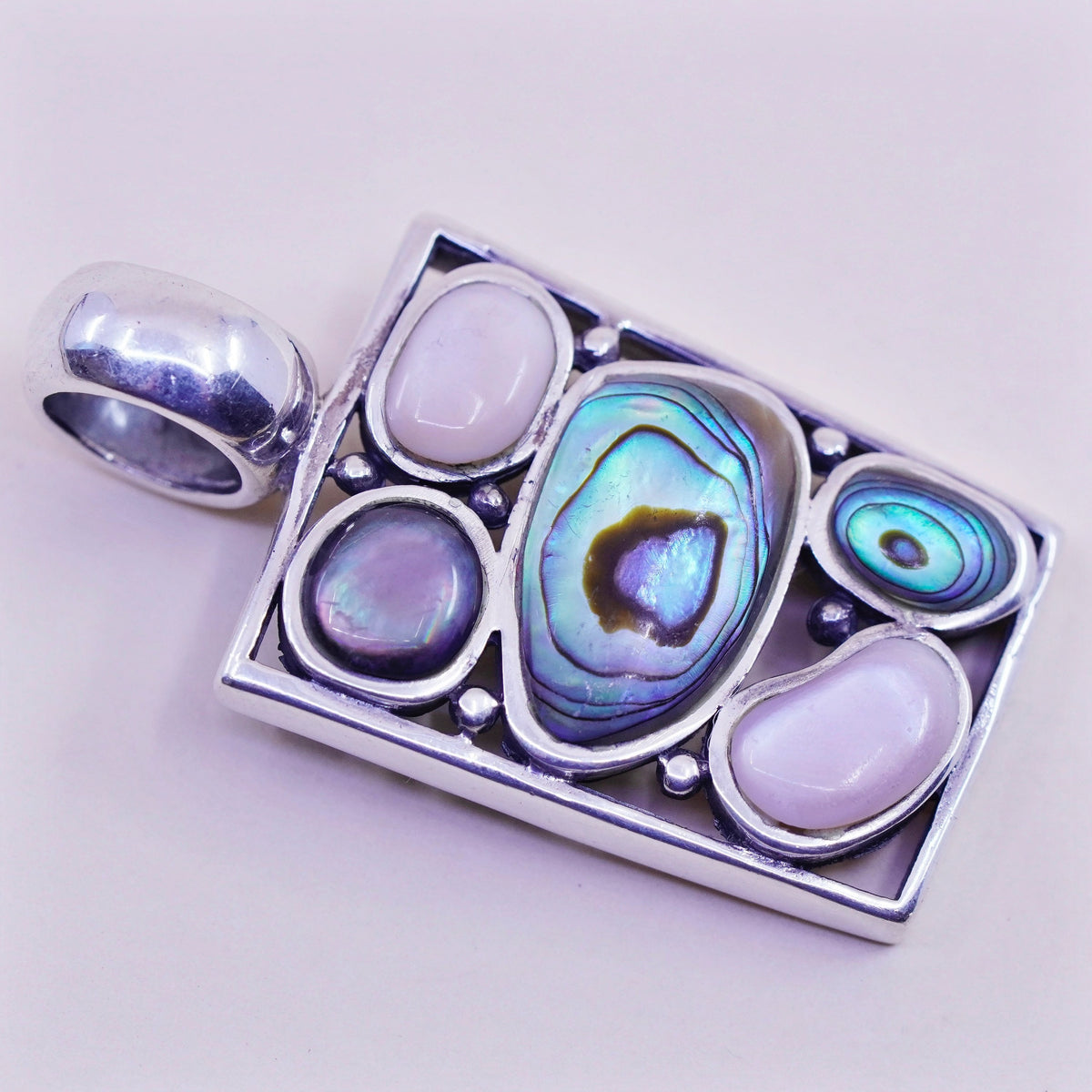 Vintage sterling 925 silver handmade pendant, with abalone pink mother of pearl