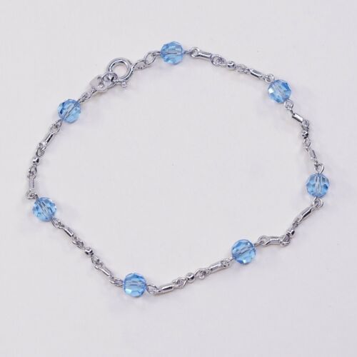 7” Vtg Sterling 925 Silver Handmade Bar Chain bracelet W/ Blue Crystal