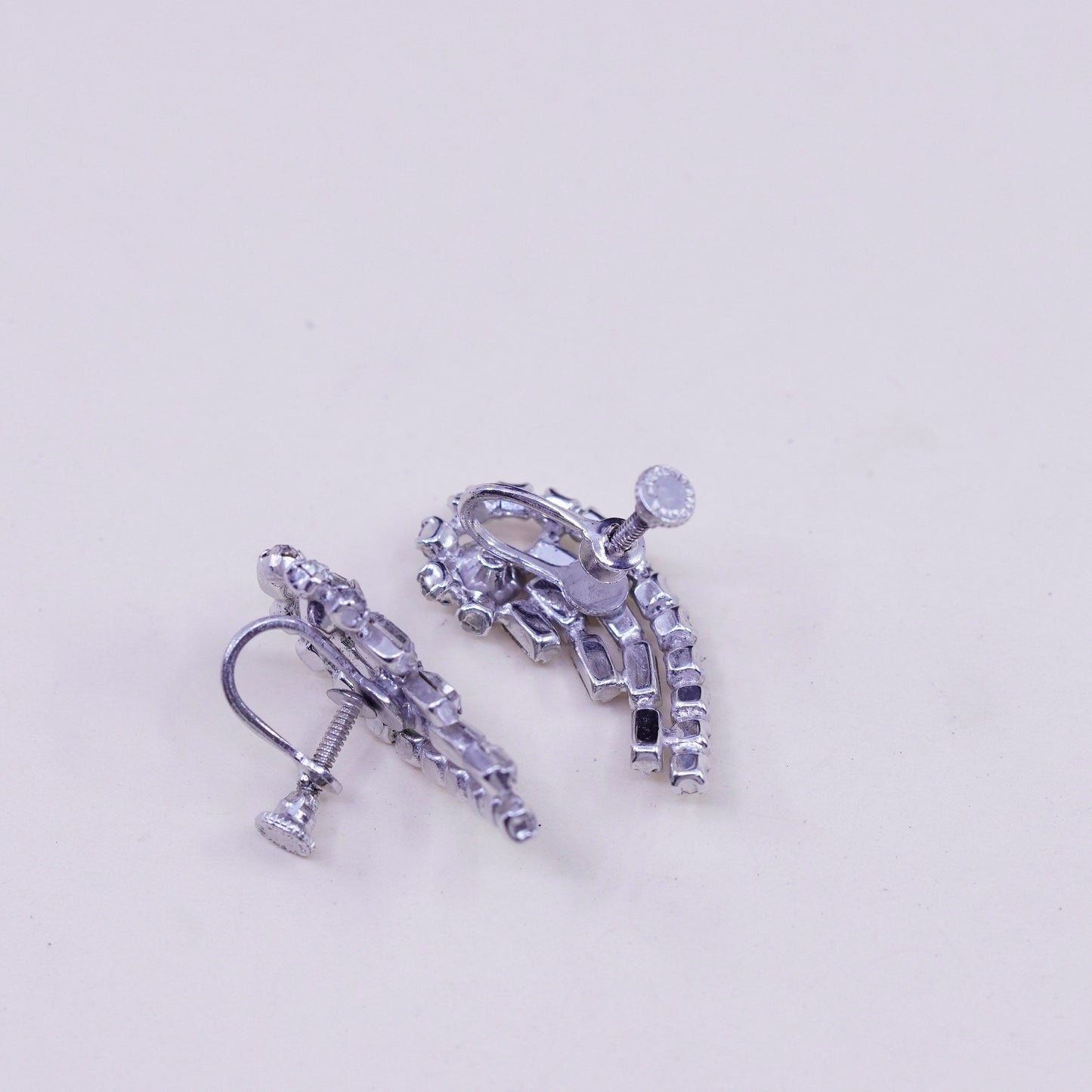 1950s sterling 925 silver earrings swirly screw back earrings with rhinestone