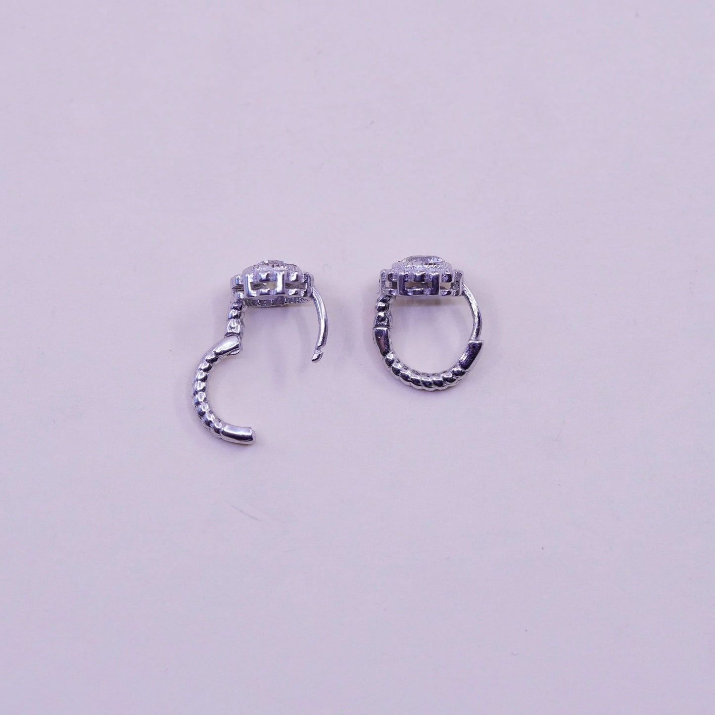 0.5”, Vintage sterling silver earrings, 925 hoops, huggie, with cz flower