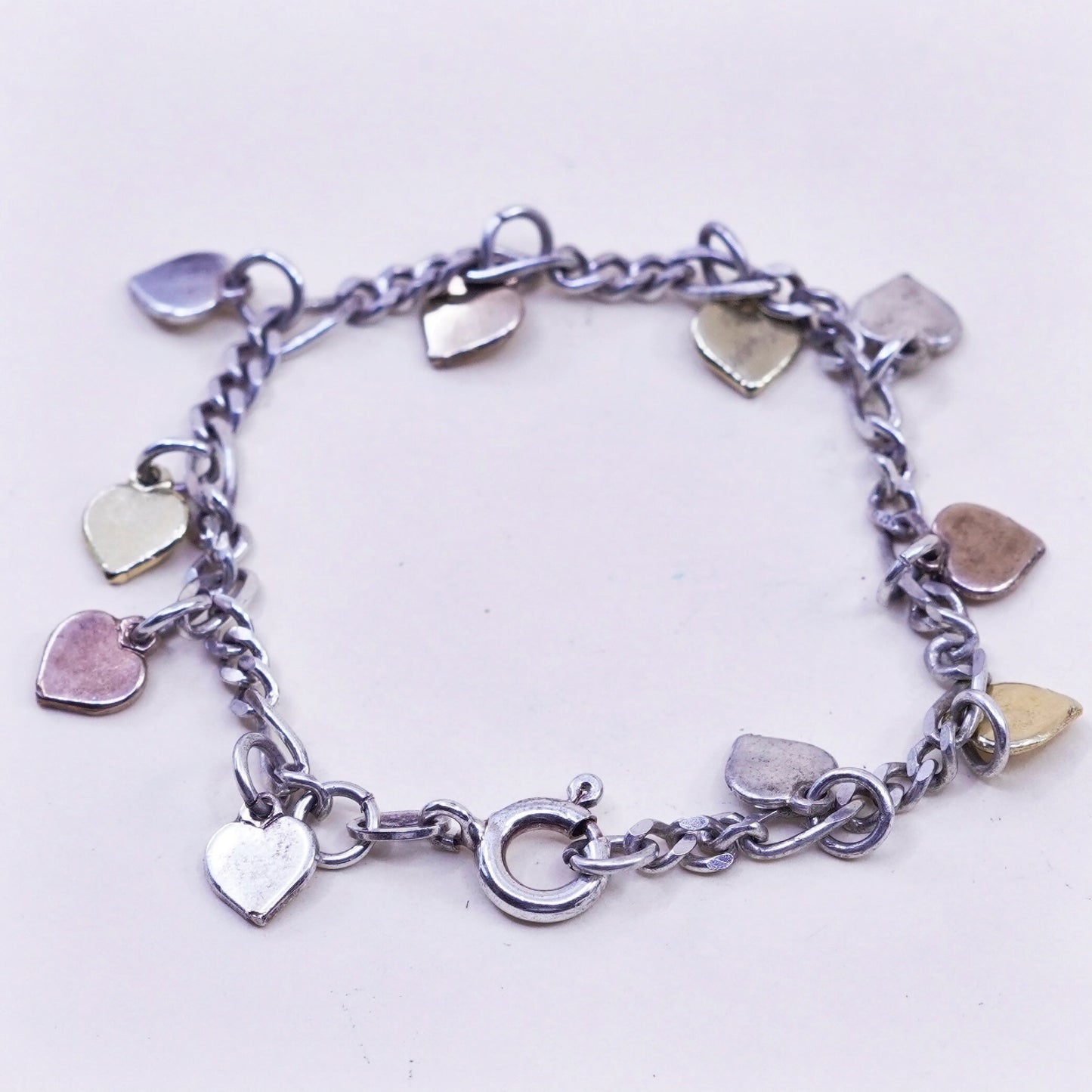 5.25”, Milor sterling silver bracelet 925 figaro chain triple tone heart charms