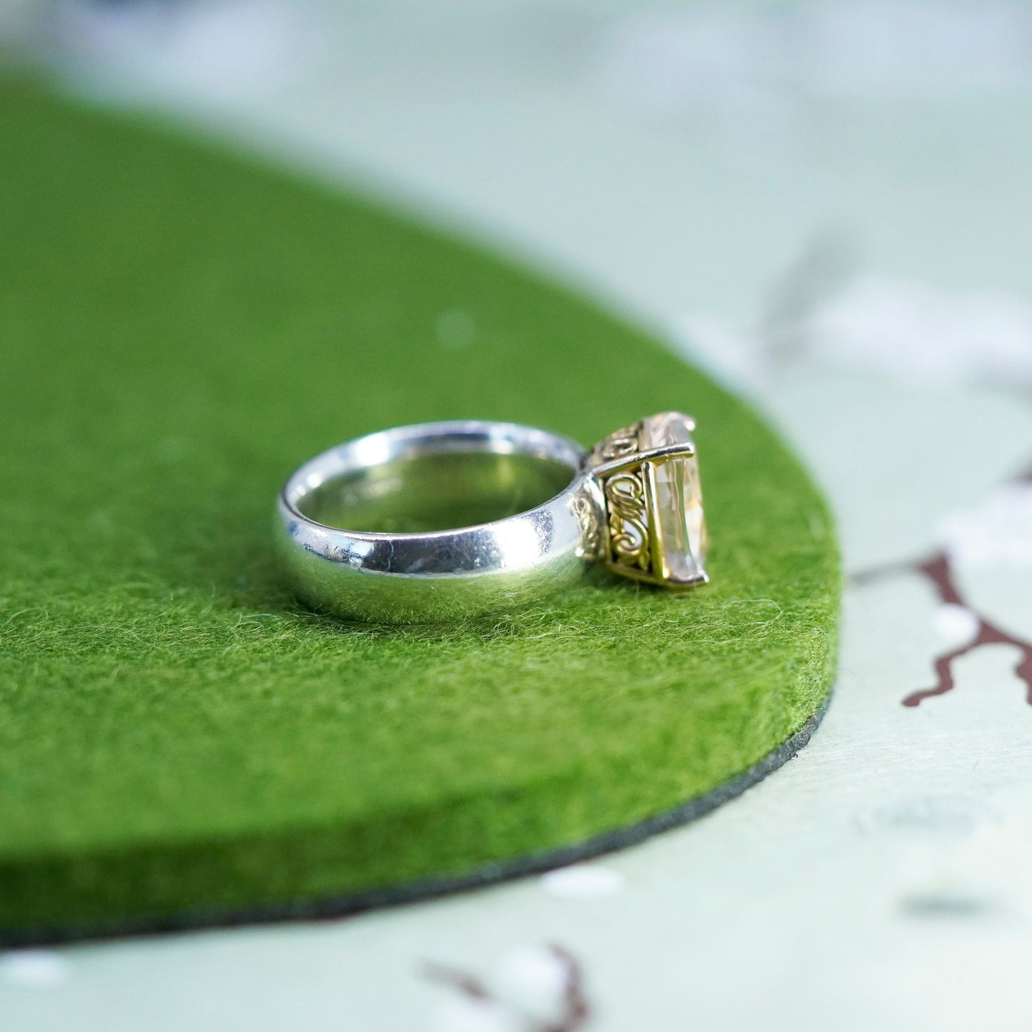 Size 7, VTG sterling 925 silver handmade pink crystal ring with 14K gold accent