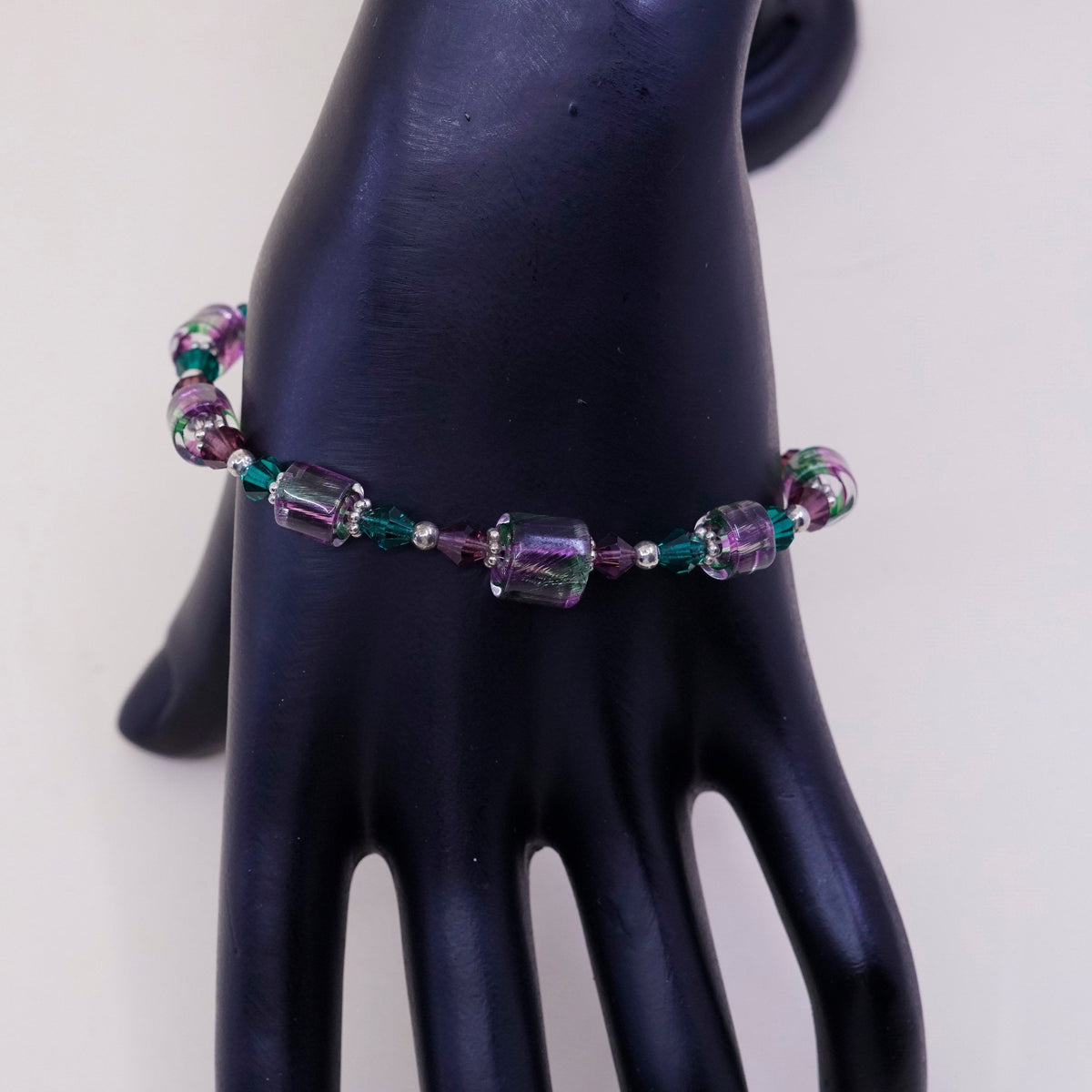 7.5”, vtg Sterling silver handmade bracelet, 925 beads w/ purple green crystal