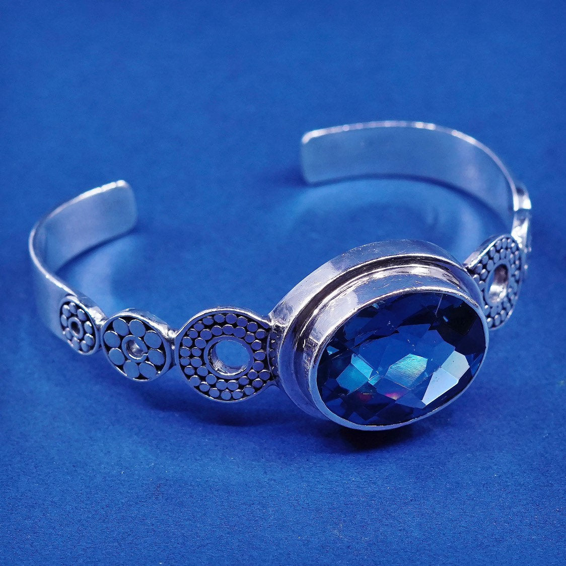 5.75" Lori Bonn Sterling silver handmade bangle bracelet 925 cuff w/ blue topaz
