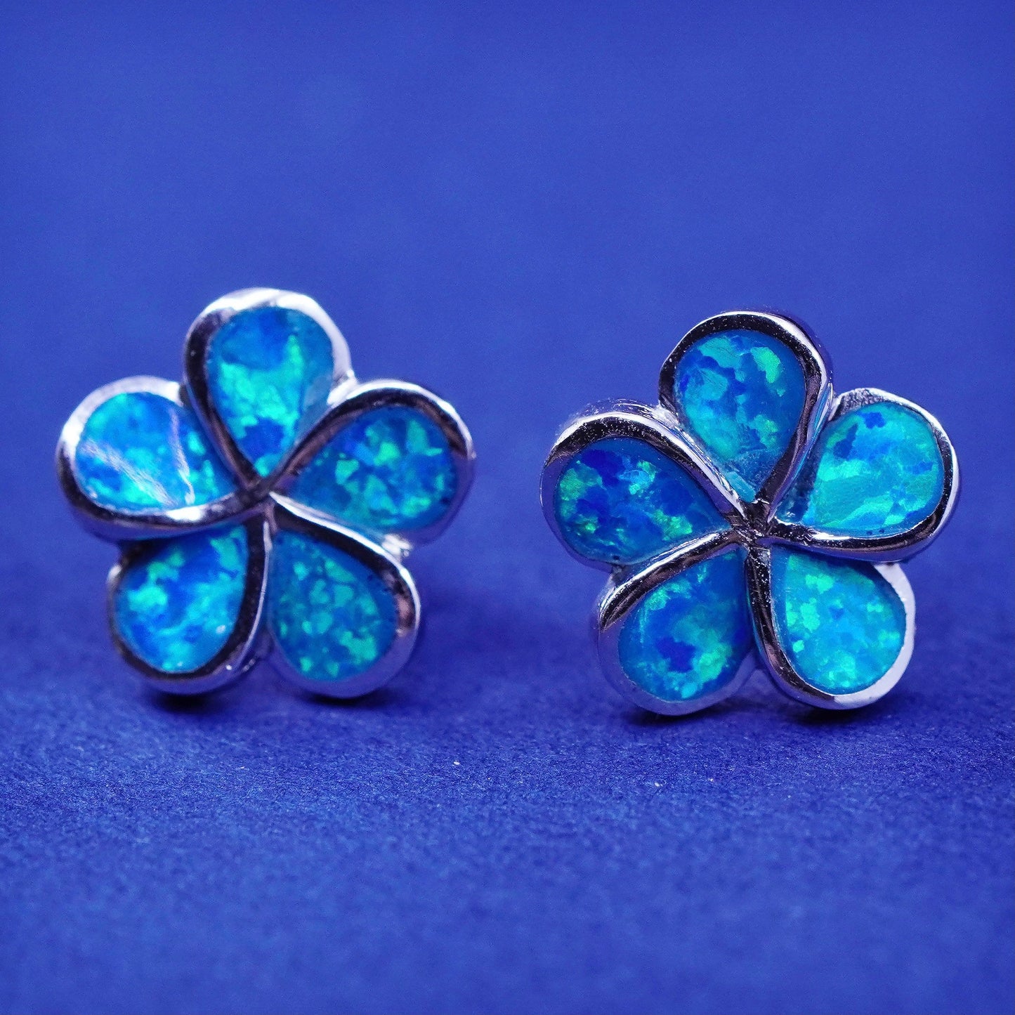 Vintage sterling silver handmade earrings, 925 flower studs with opal