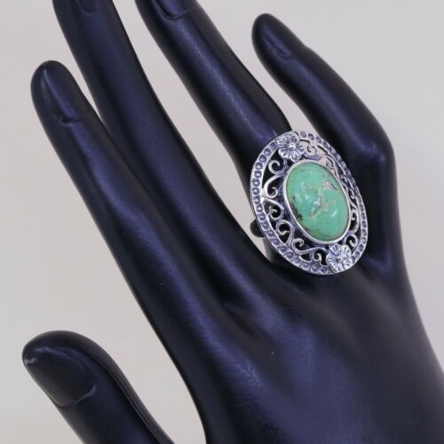 Sz 7, Vtg Thailand Handmade Sterling 925 Filigree W/ Turquoise Statement Ring
