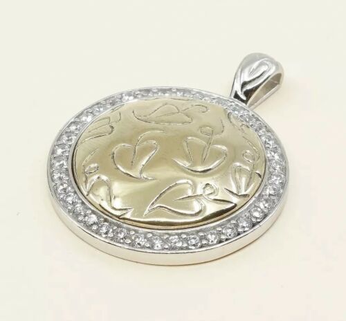 Vintage two tone Sterling silver pendant, 925 Circle Tag With Hearts N Crystal