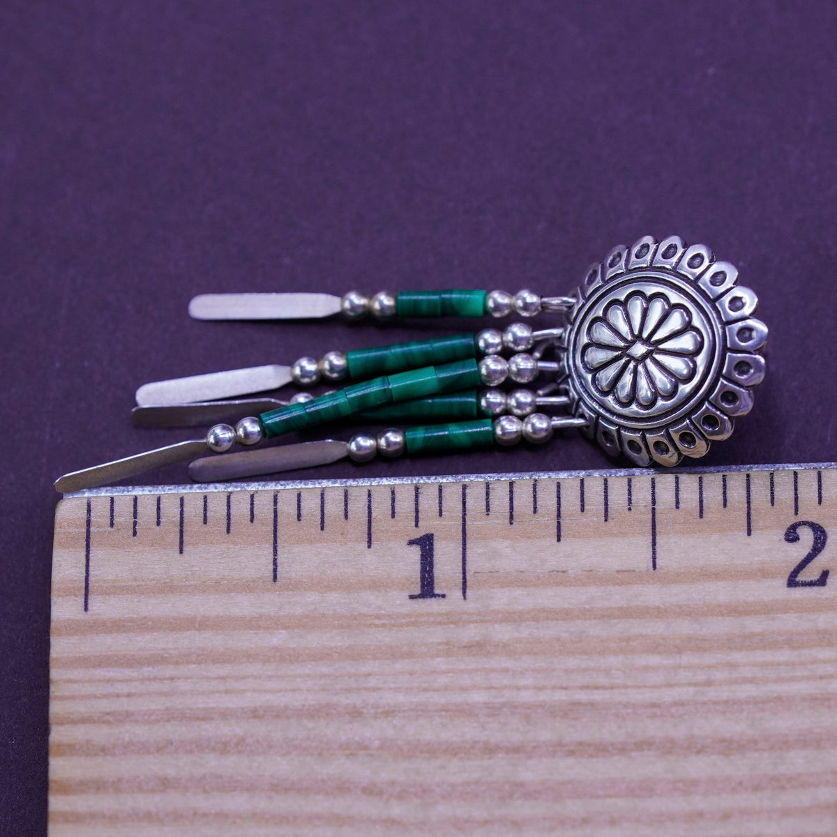 Quoc Turquoise Q.T. Sterling Silver Earrings, 925 studs malachite fringe drops