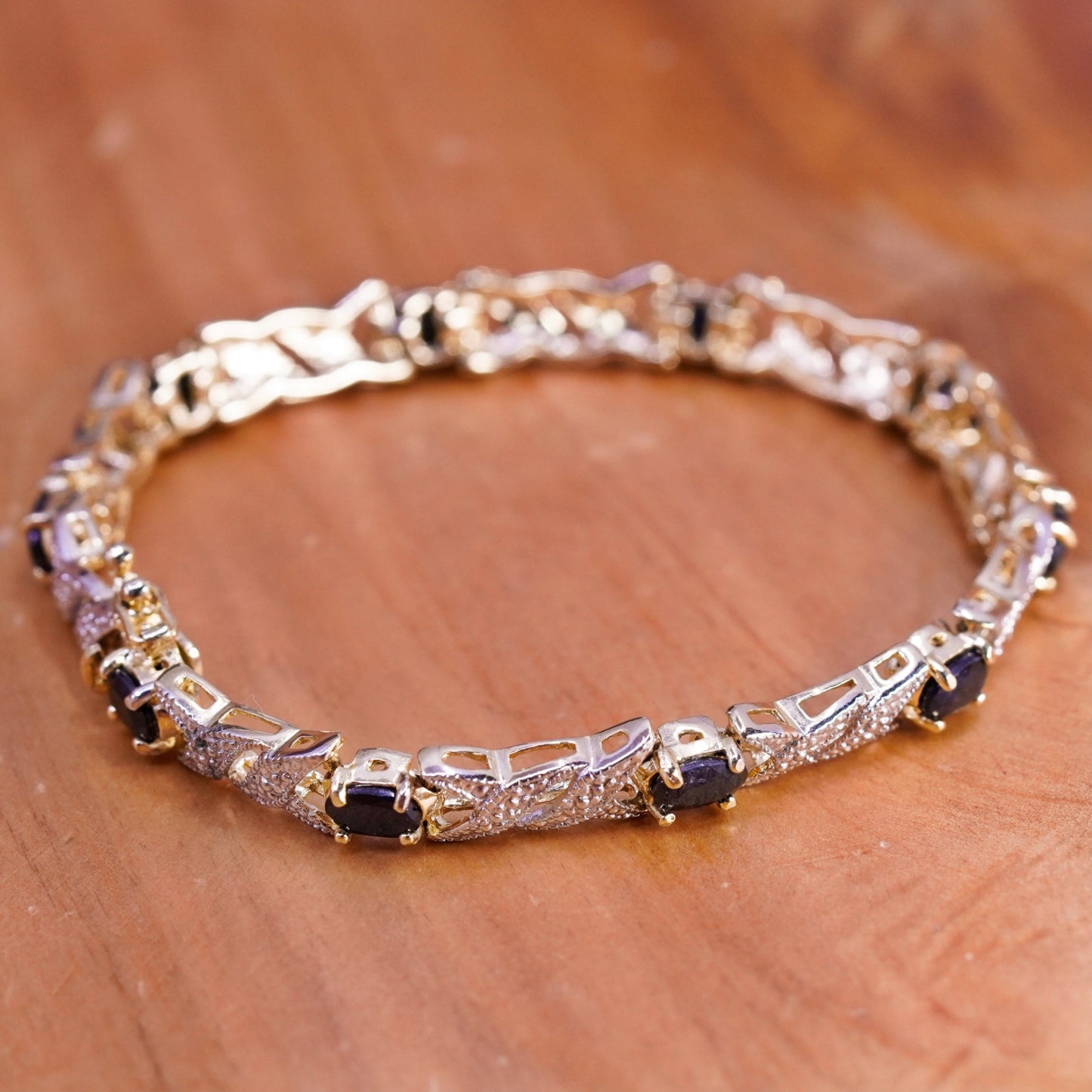 7”, vermeil gold over Sterling silver tennis bracelet with diamond and sapphire