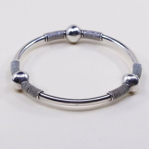 7.75”, Estate Vtg Mexico 925 Sterling Silver Handmade Bangle Bracelet W/ Beads