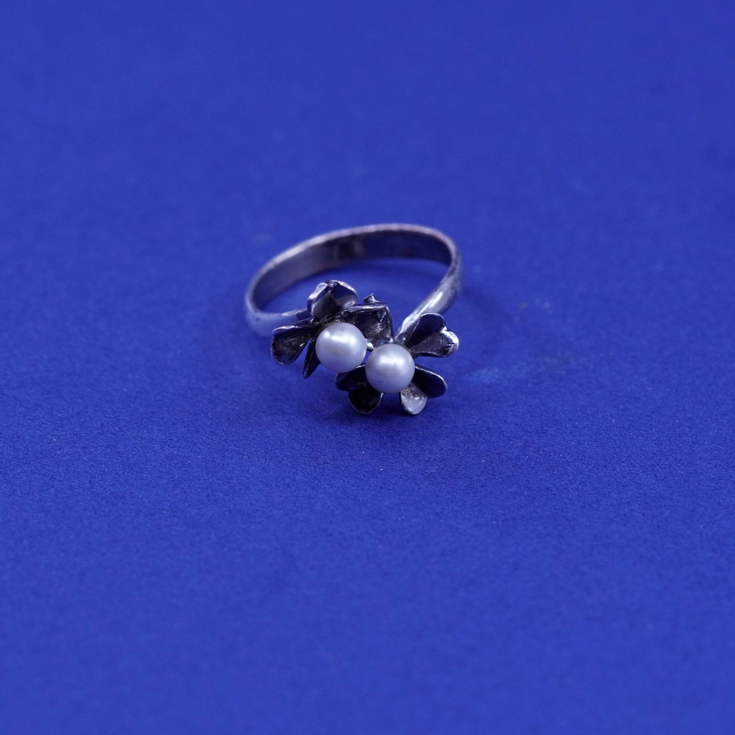 Size adjustable, vintage Sterling silver handmade ring, 925 flower with pearl