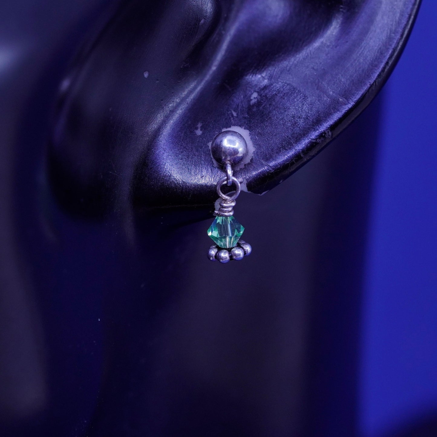 Vintage sterling 925 silver handmade earrings with green crystal