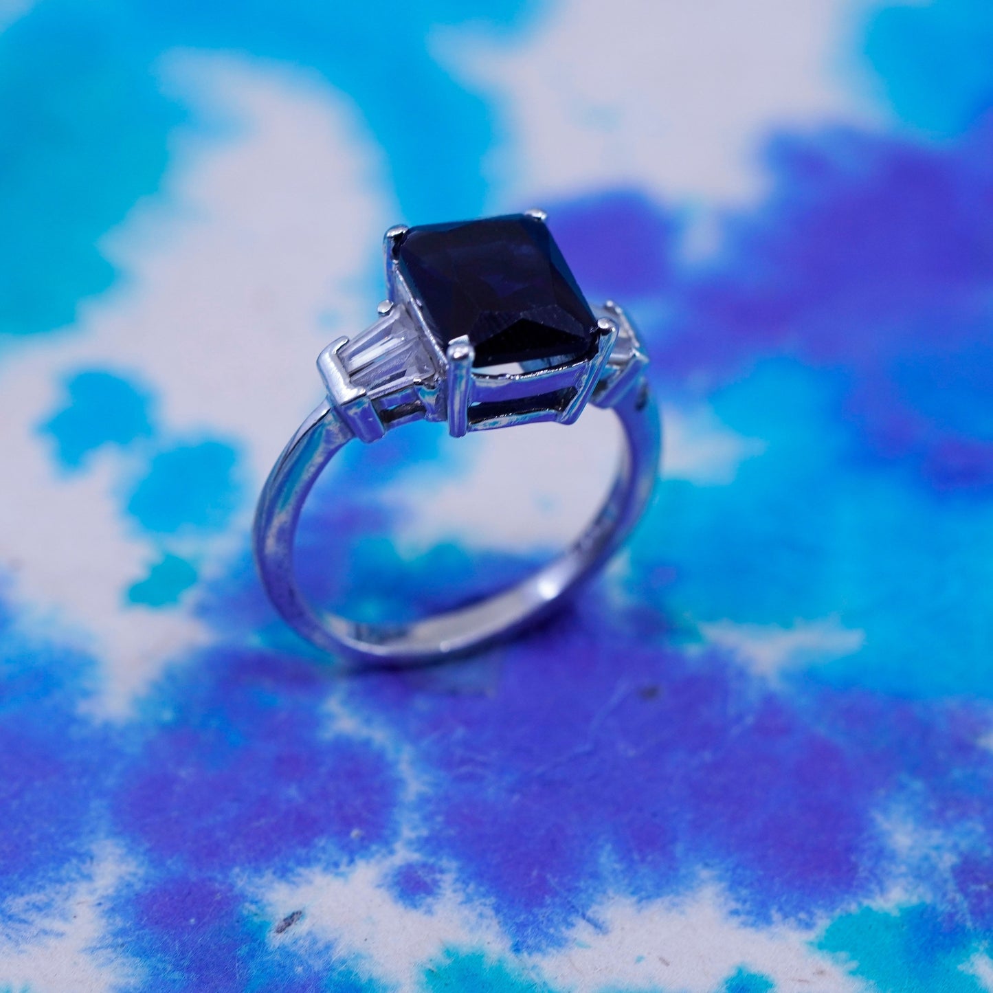 Size 8.25, vintage Sterling 925 silver handmade ring with sapphire and crystal