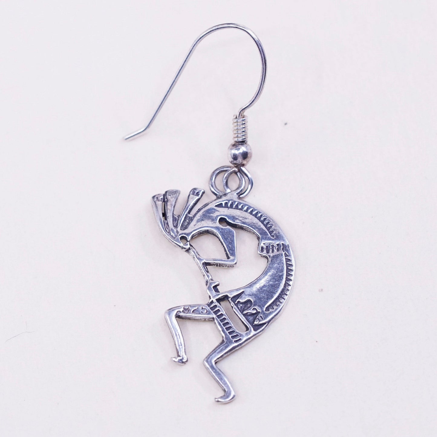 Vintage Sterling silver handmade earrings, fine 925 silver Kokopelli dangles