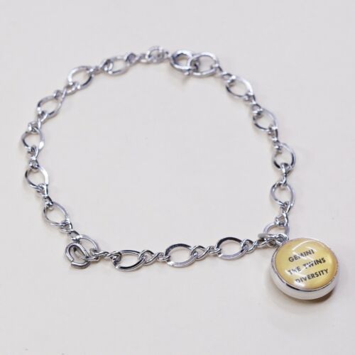 7”, 6mm, vtg Sterling Silver Bracelet, 925 Twisted Figaro Chain W/ Gemini