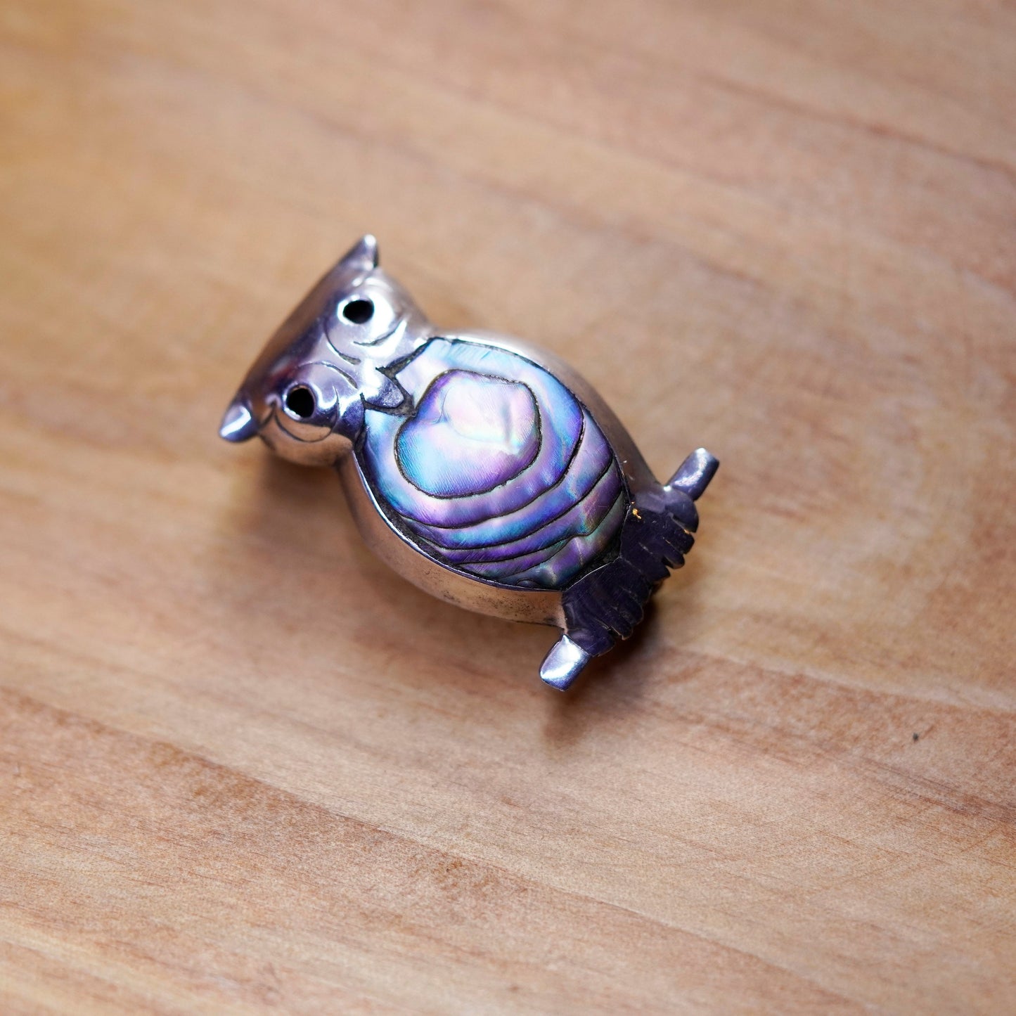 Vintage Native American handmade 925 owl bird brooch pin with abalone