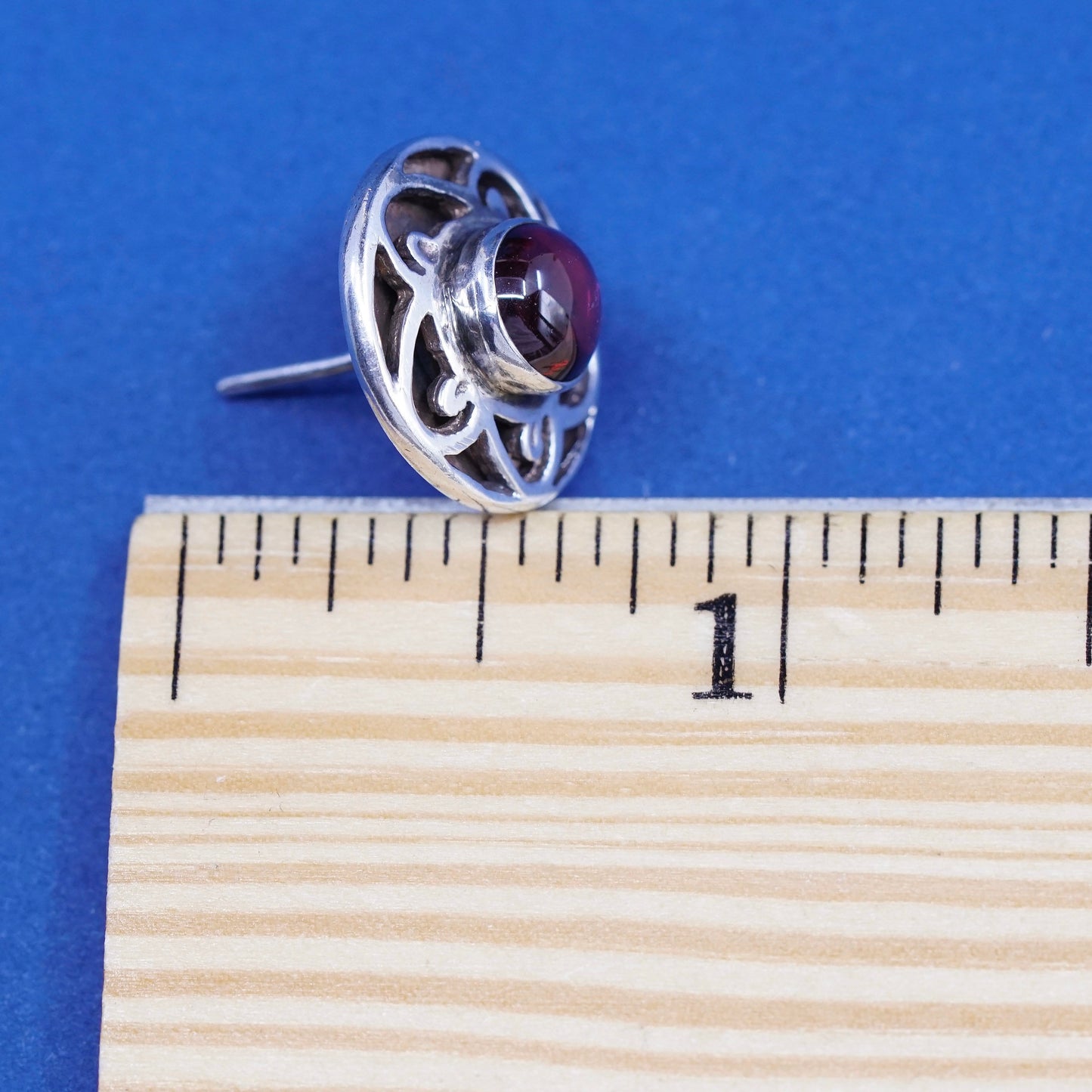 Vintage sterling silver handmade earrings, 925 flower studs with garnet