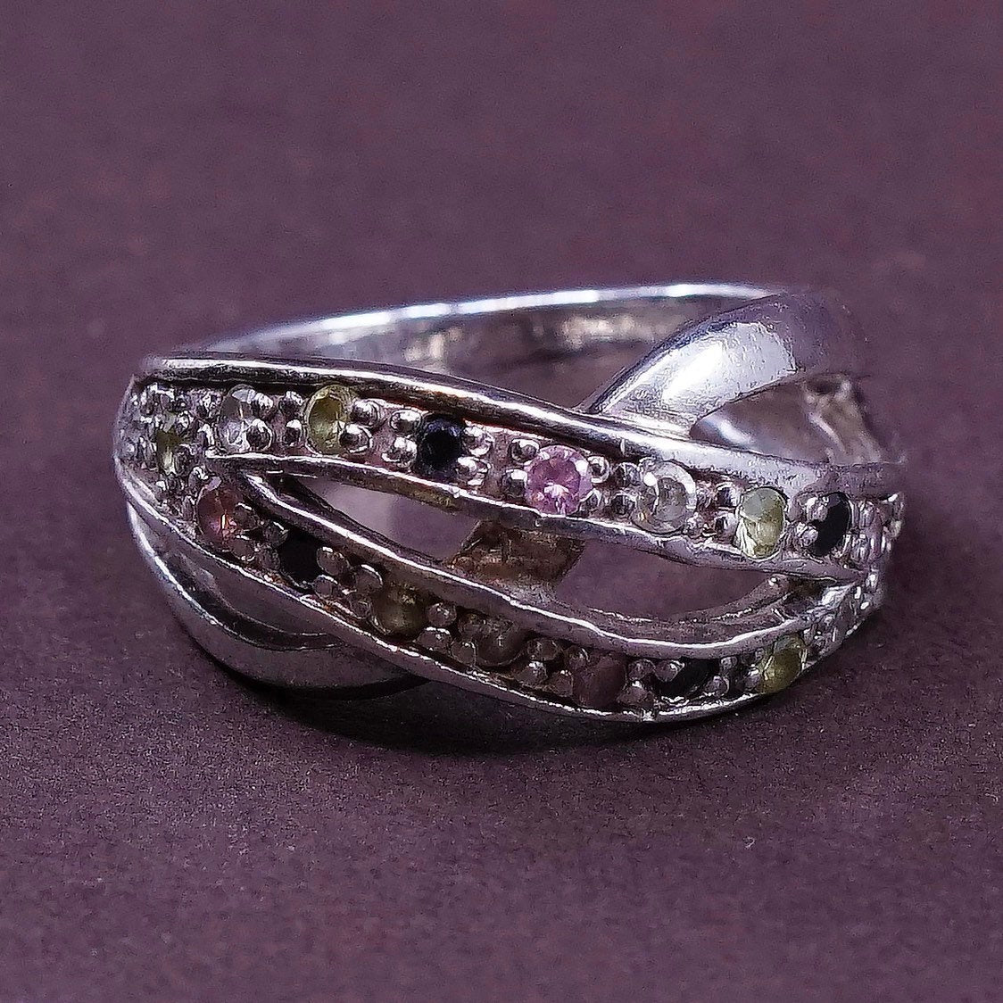 sz 6.75, vtg Sterling silver anniversary ring, 925 band w/ cluster cz