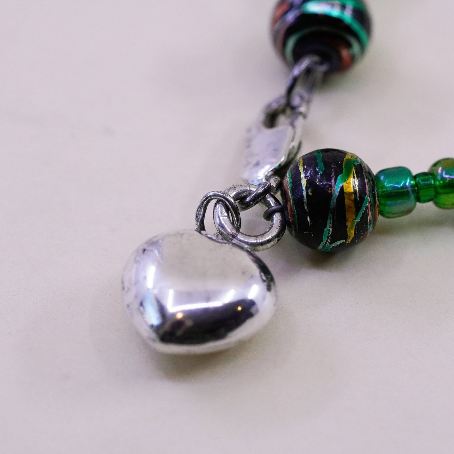 7.5”, Vintage handmade Sterling 925 silver bracelet with blue beads heart charm