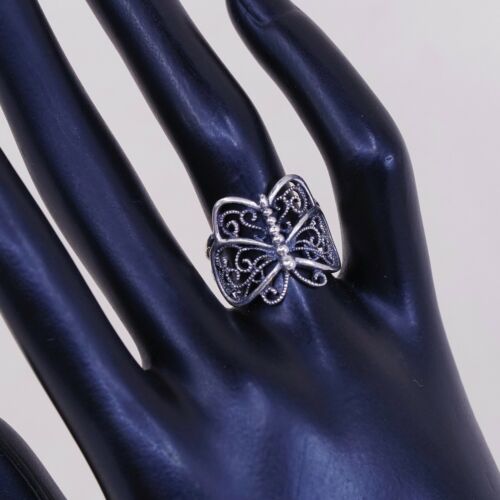 Sz 6.25 Vtg Sterling Silver Handmade Ring, 925 Silver Band W/ Filigree Butterfly