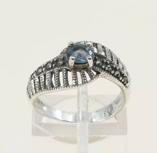 Sz 6, Sterling Silver handmade Ring, 925 Silver W/ Sapphire n marcasite, Stamped