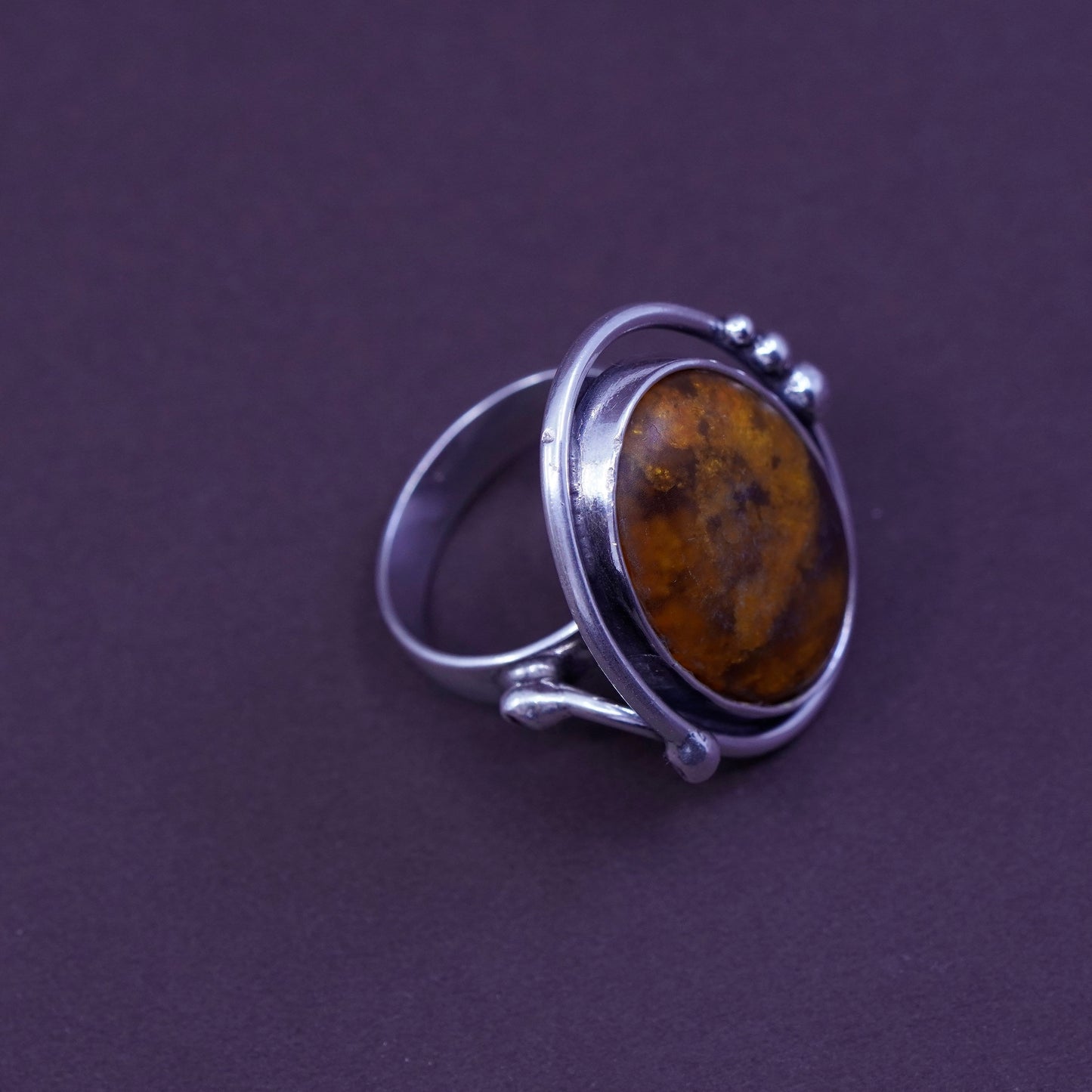 Size 10.5, vintage Sterling 925 silver handmade ring with oval Amber and beads