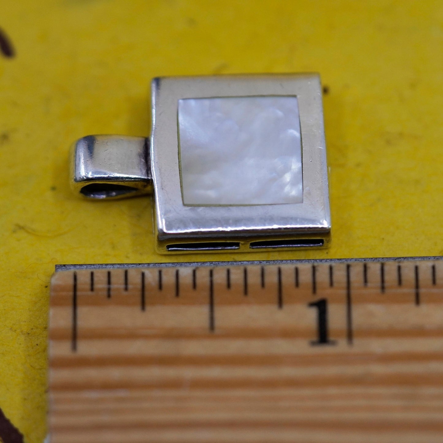 Vintage Sterling 925 silver handmade square pendant with mother of pearl