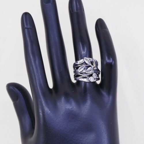 Sz 7, Vtg Israel Sterling Silver Handmade Ring, 925 Leaves Band W Cz