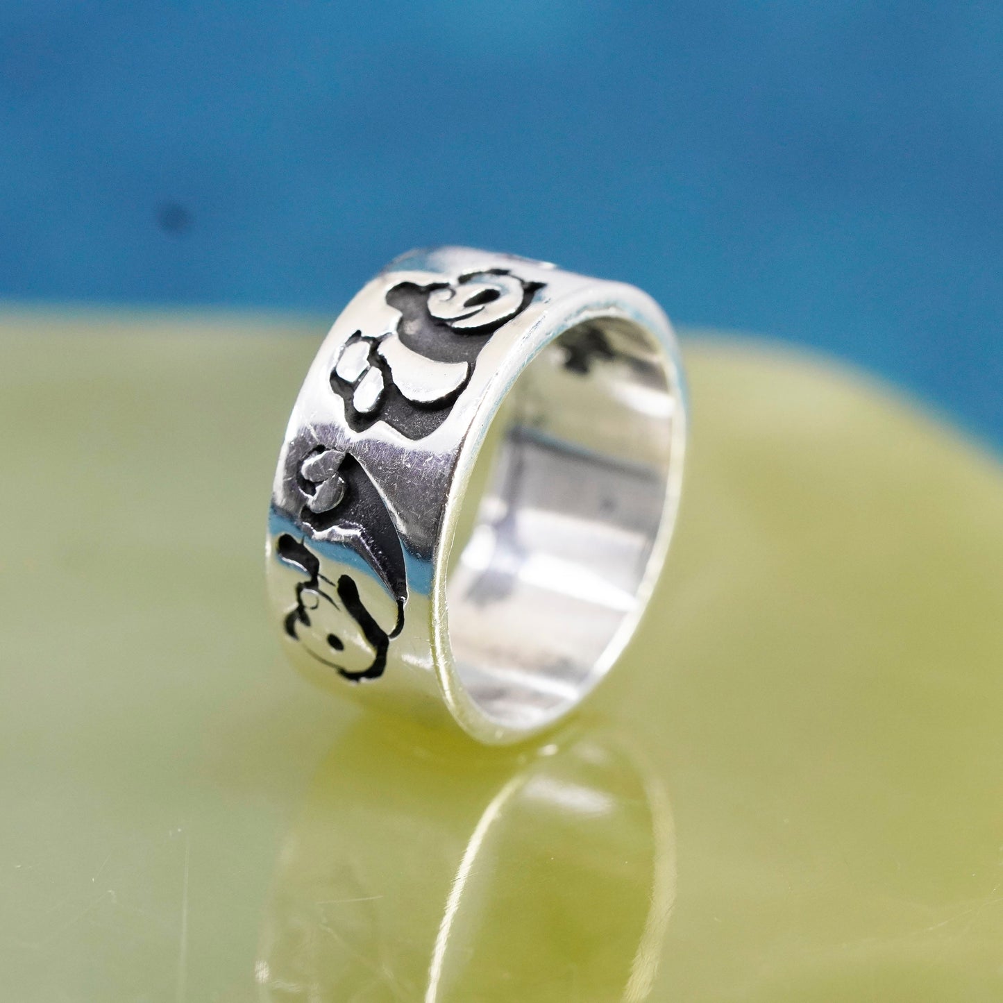 Size 7.75, vintage Sterling silver handmade ring, 925 band with panda Embossed