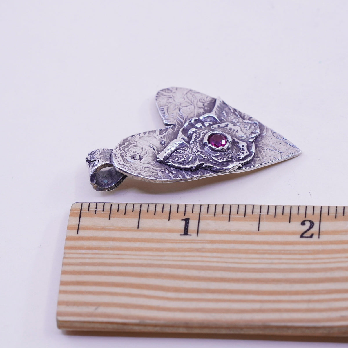 Vintage sterling silver 925 cross handmade textured heart pendant with ruby