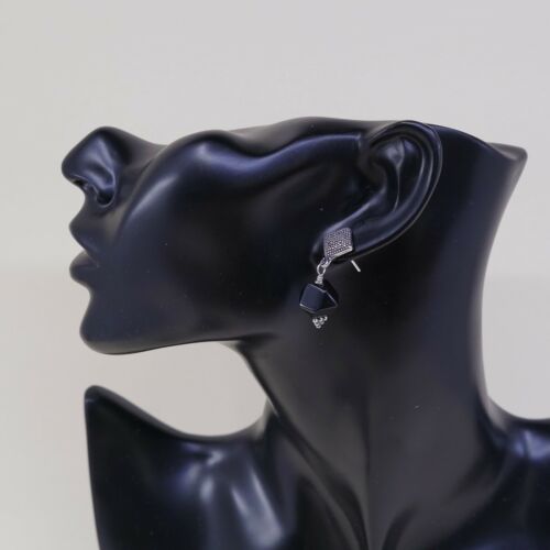 Vtg Modern Sterling Silver Handmade Earrings, 925 Silver W/ Obsidian Nugget