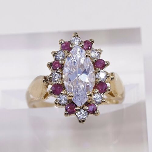 Sz 6, vermeil, gold over Sterling Silver Ring W/ ruby N Cz Around, stamped 925