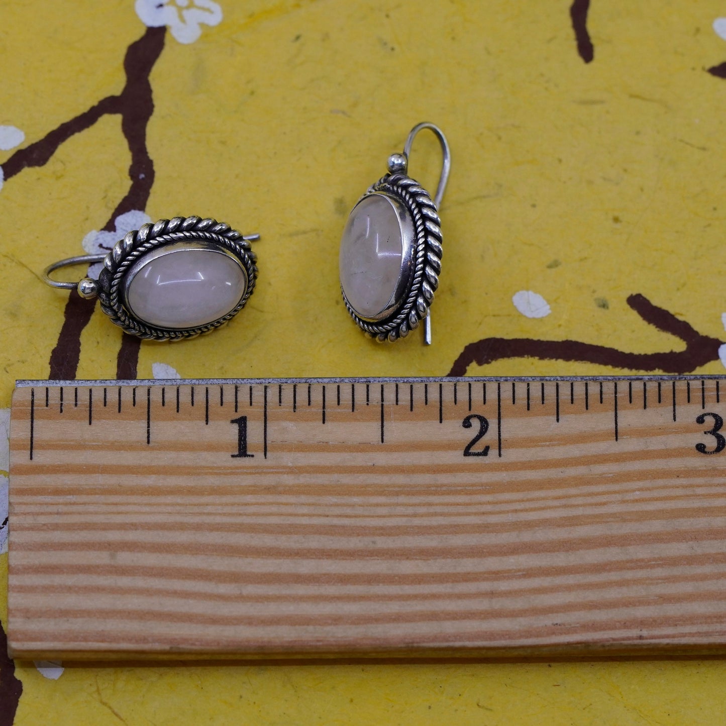 Vintage Sterling 925 silver handmade earrings with oval pink rose quartz