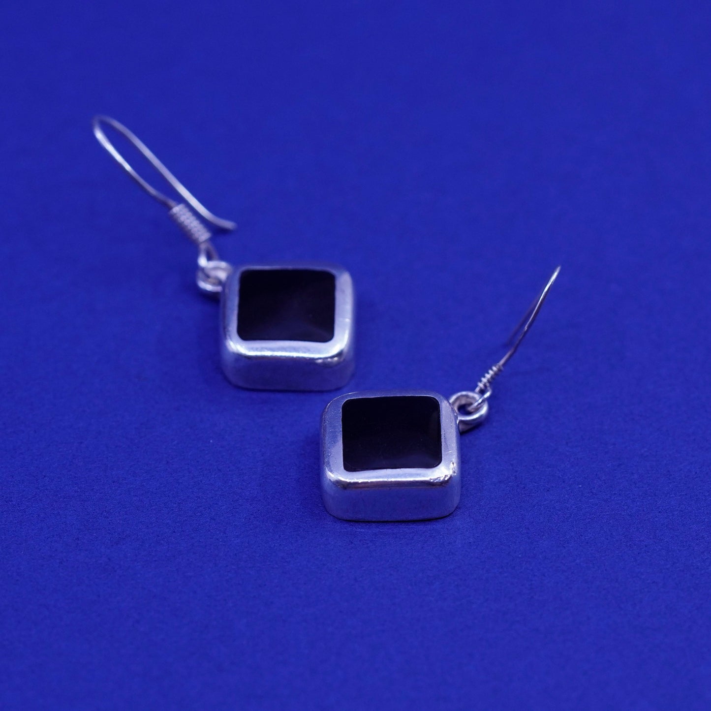 Vintage Sterling silver handmade Square earrings with obsidian