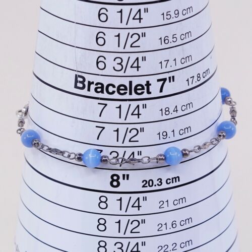 7.75”, Vtg Sterling 925 Silver Handmade Bead Bracelet, Blue Tiger’s Eye beads