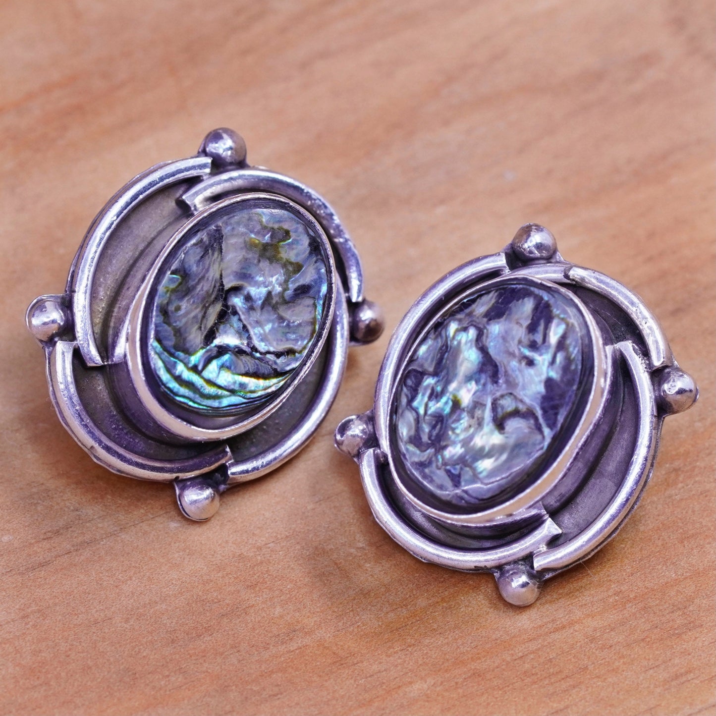Vintage Sterling silver handmade earrings, Mexico 925 clip on with abalone